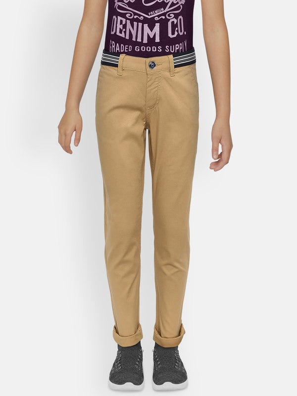Boys Lt Khaki Regular Fit Solids Trouser
